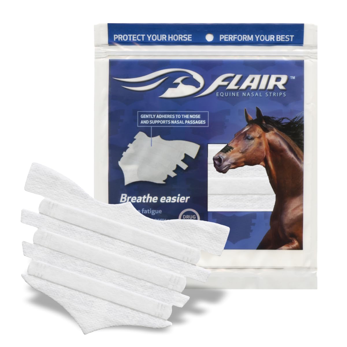 Flair Tiras Nasales para Equinos, aplicación segura para soporte nasal durante la sesión.