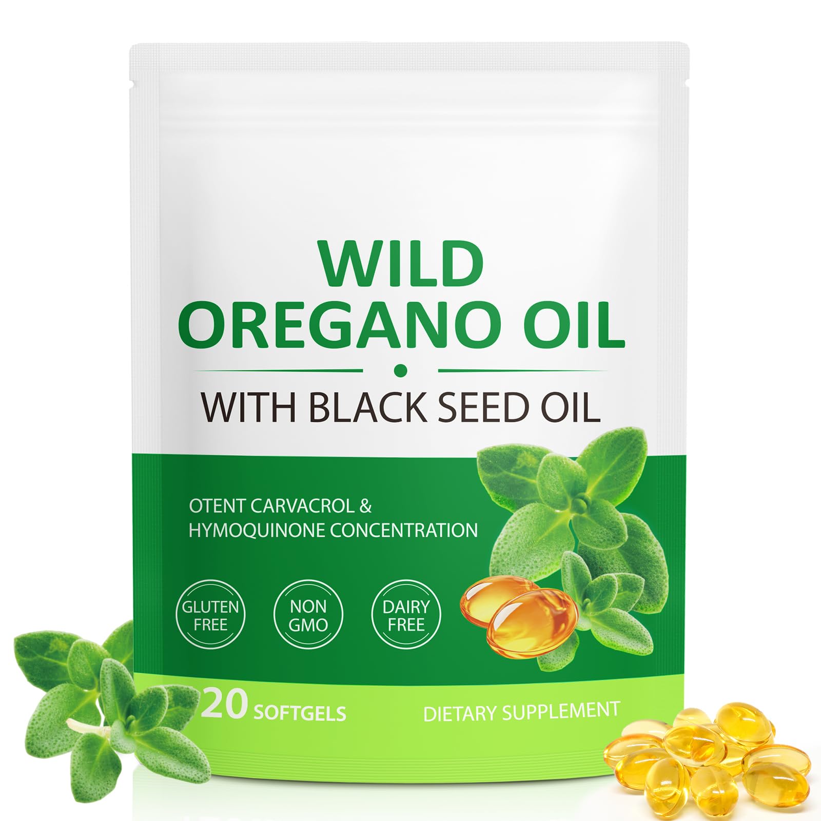 Flasture botella con aceite de orégano en cápsulas de 6000 mg para uso diario.
