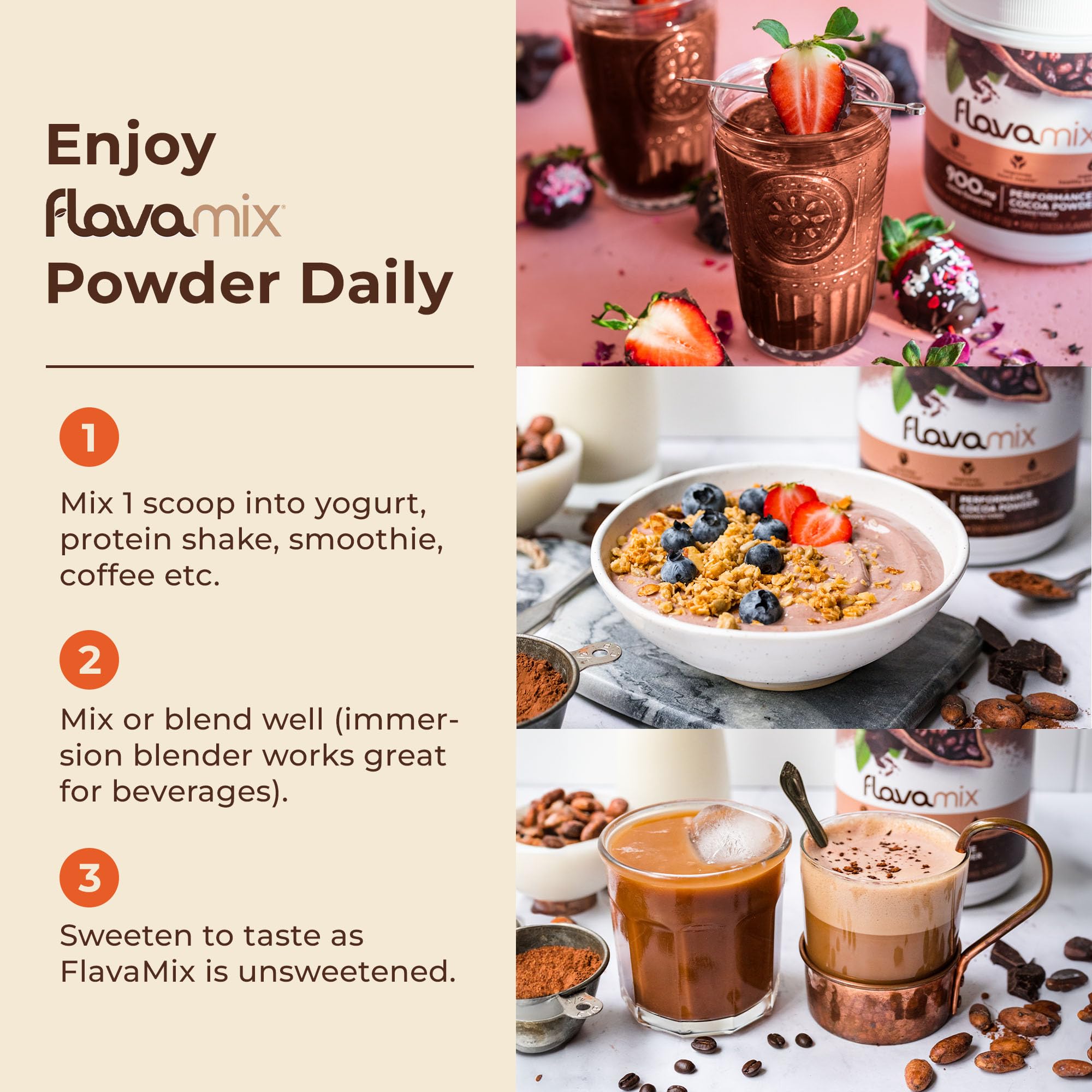 FlavaNaturals FlavaMix taza de cacao: bebida lista para desayunos nutritivos.