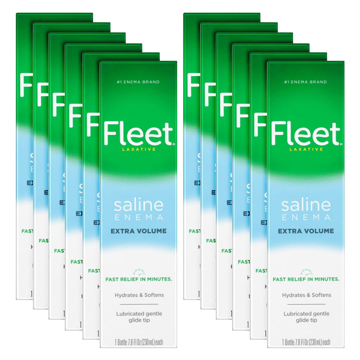 Fleet Enema Extra: botellas multicolor en paquete de 12 para alivio rápido.