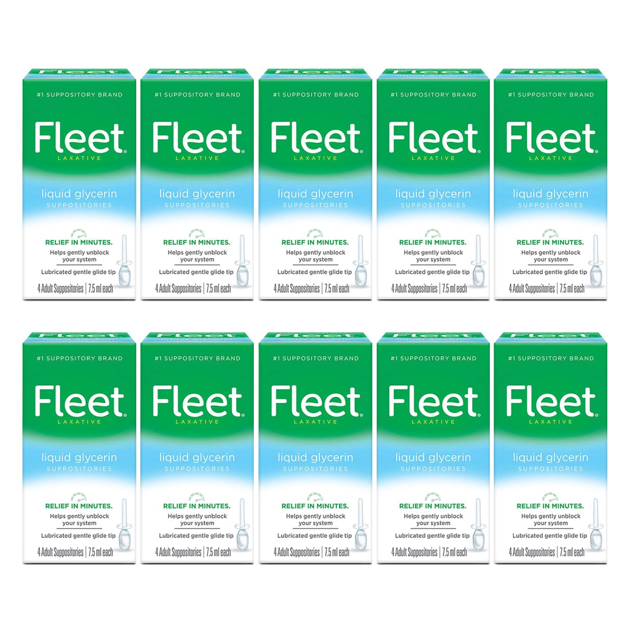 Fleet supositorios de glicerina líquida: caja frontal, diseño práctico para almacenamiento.