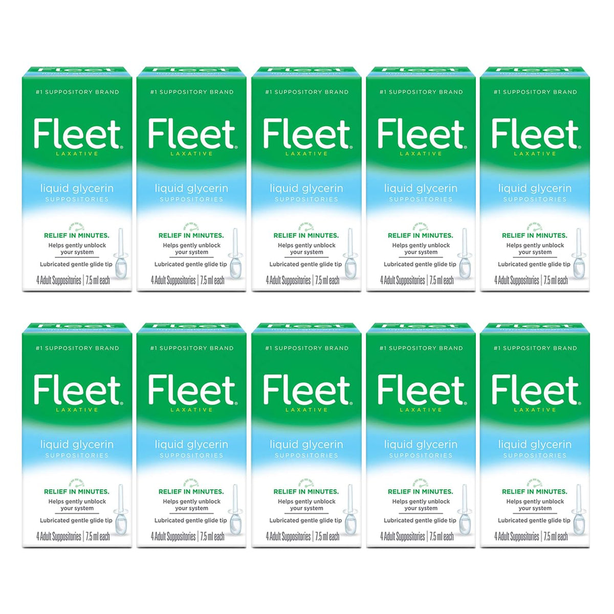 Fleet supositorios de glicerina líquida: caja frontal, diseño práctico para almacenamiento.