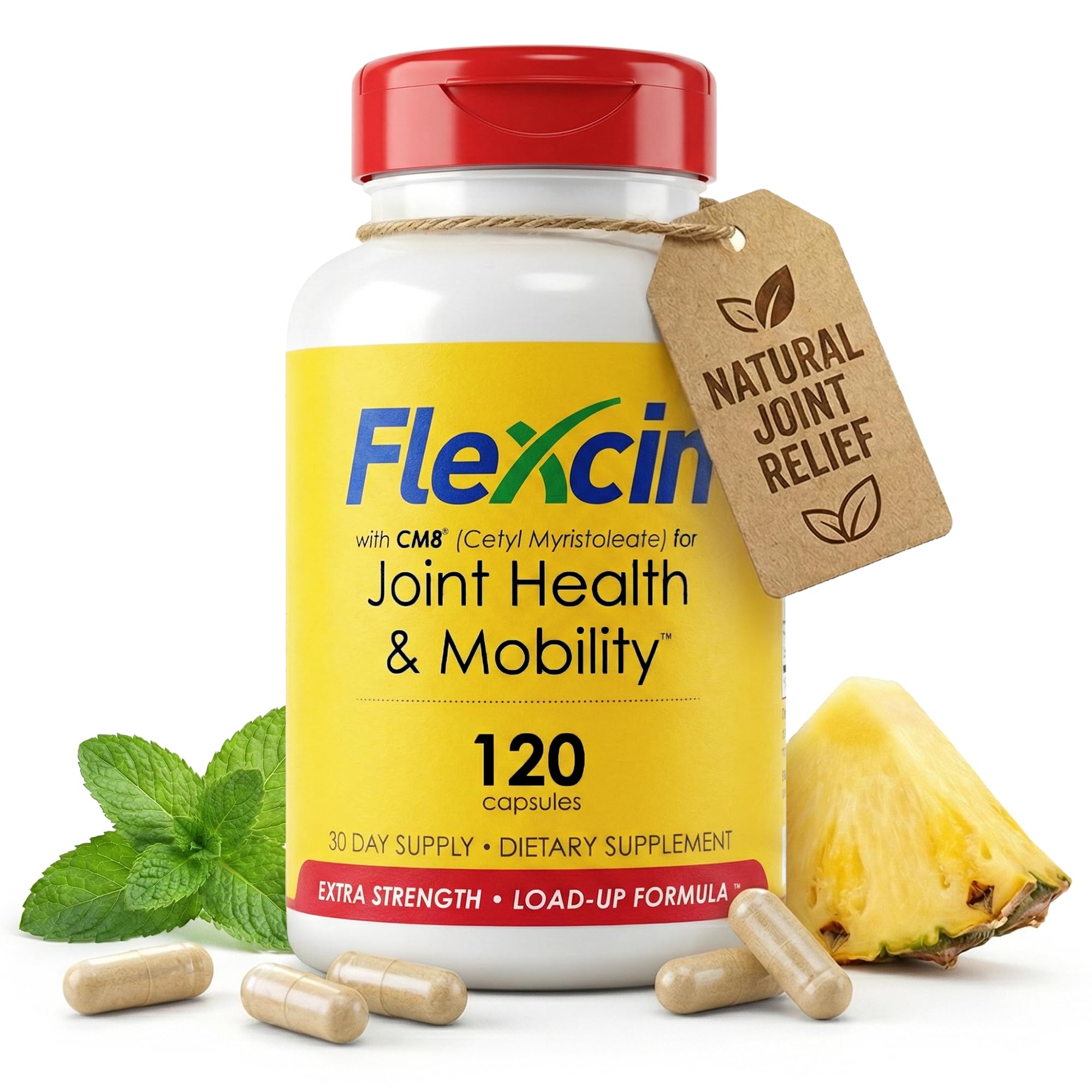 Flexcin CM8 frasco de cápsulas para soporte articular diario.