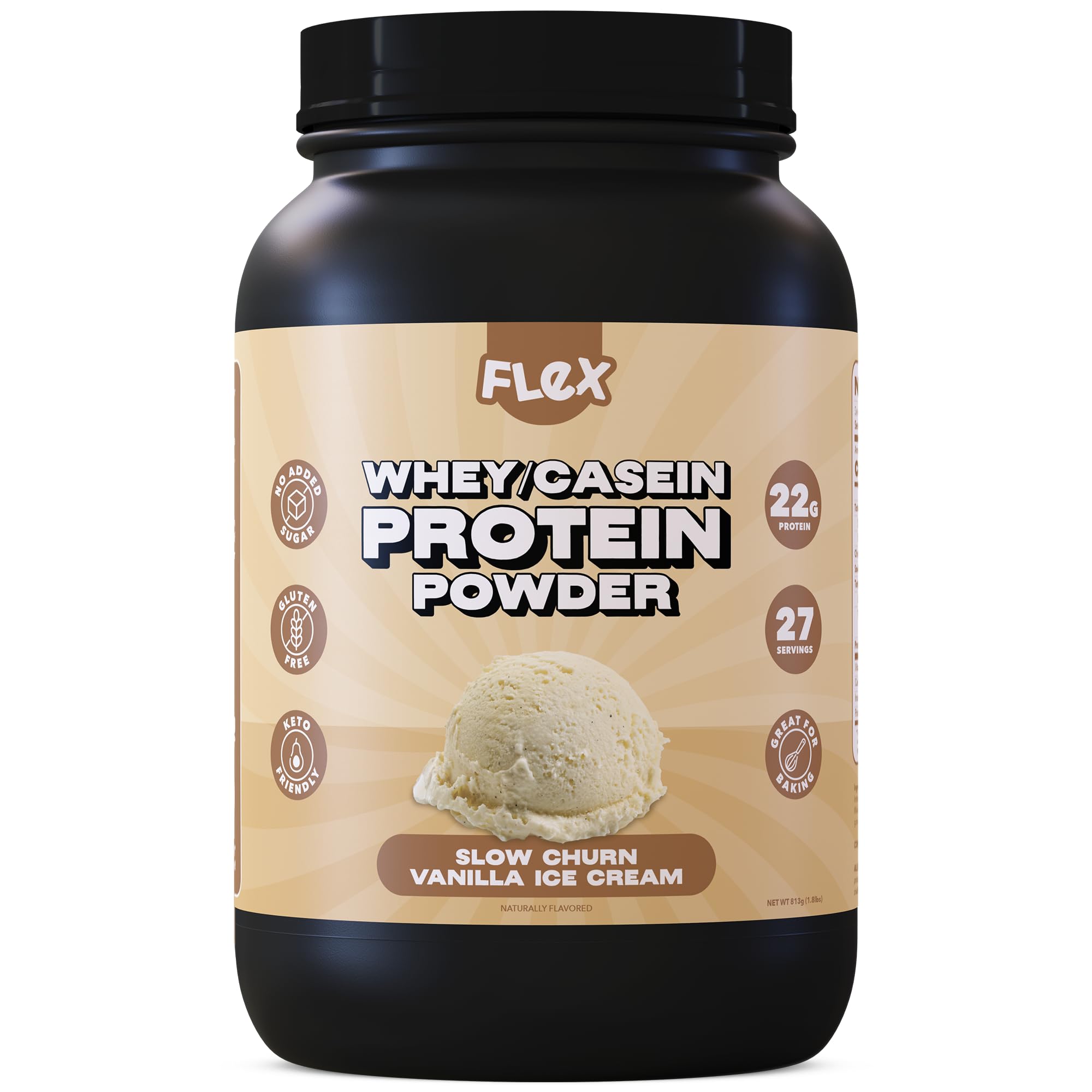 Proteína de suero Flex frente al envase, ideal para desayunos rápidos y proteicos