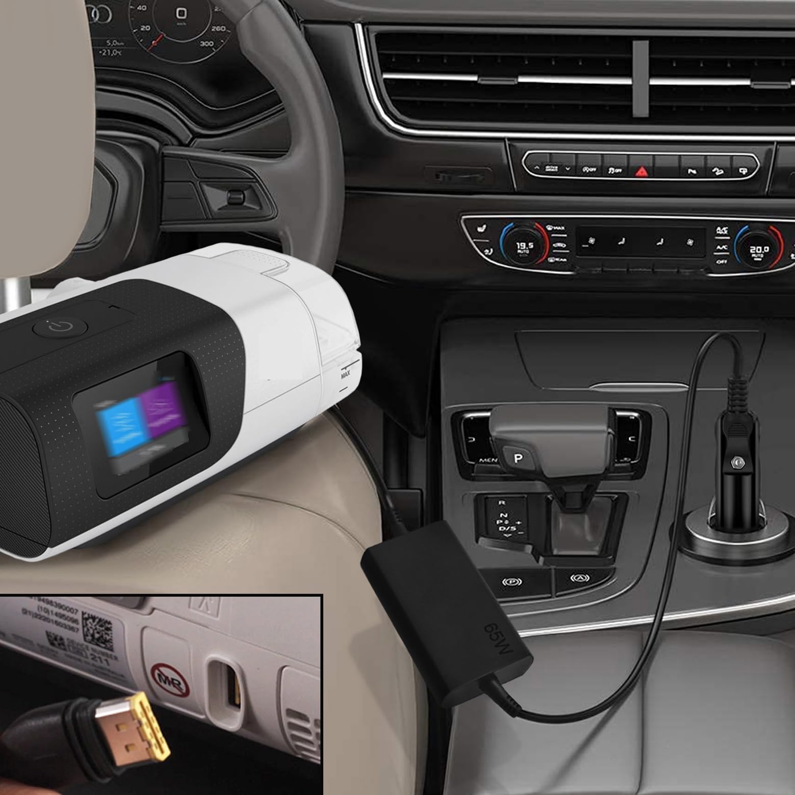 Cargador FLGAN 65W, diseño compacto para uso en coche.