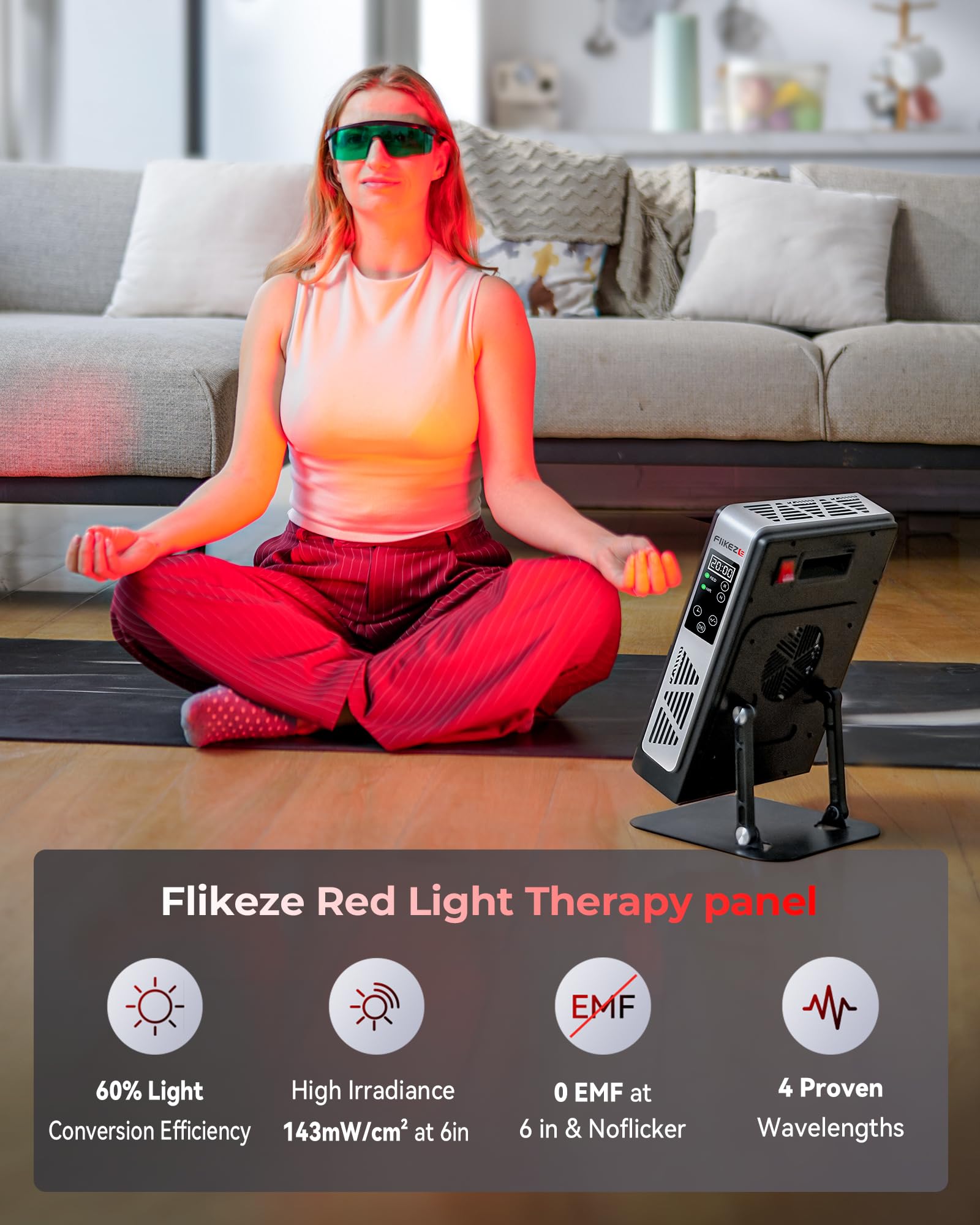 FliKEZE panel con doble longitud de onda 660 nm y 850 nm para versatilidad.