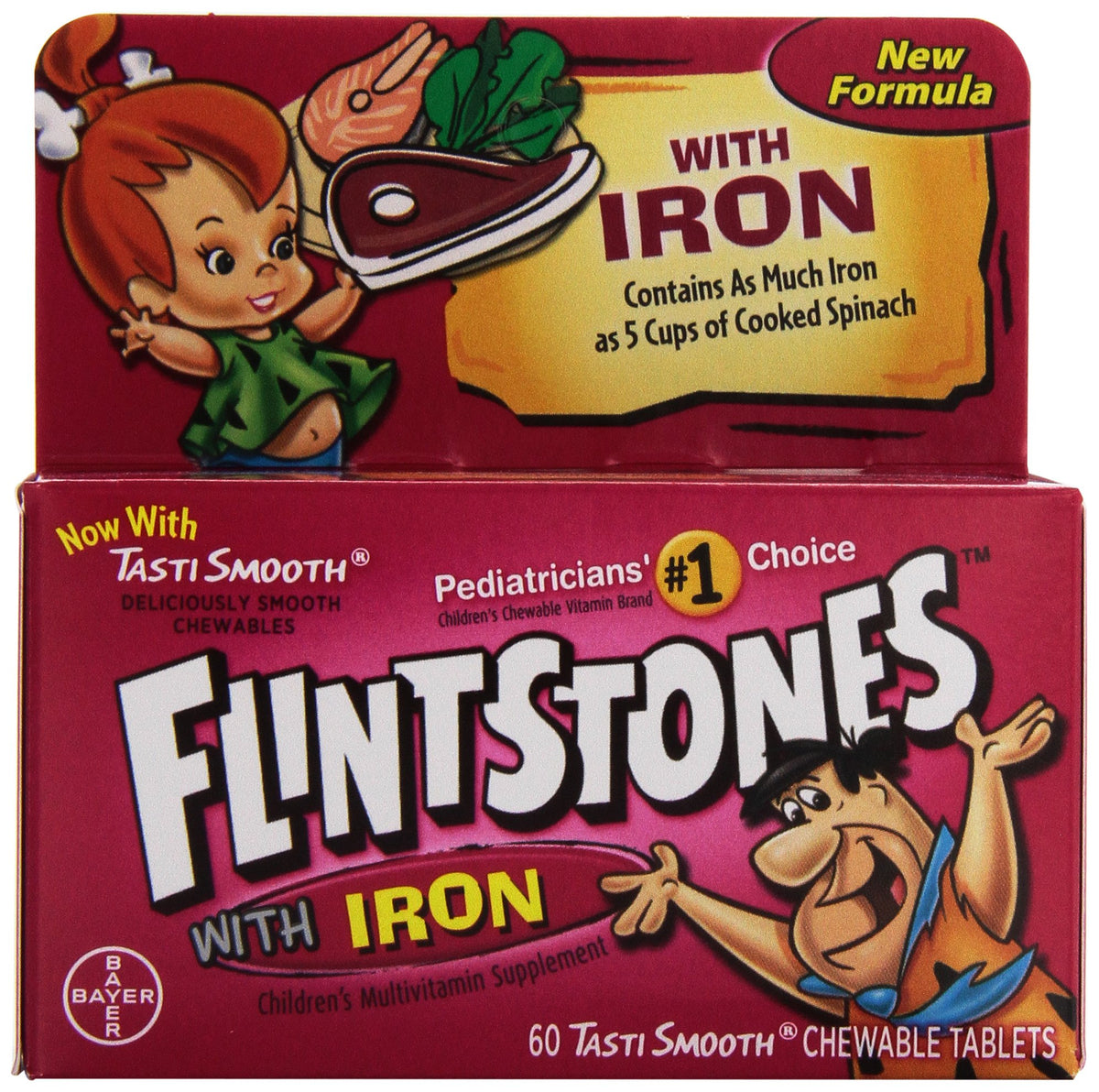 Flintstones multivitaminas con hierro, botella con gomitas sabor fruta para apoyo diario.