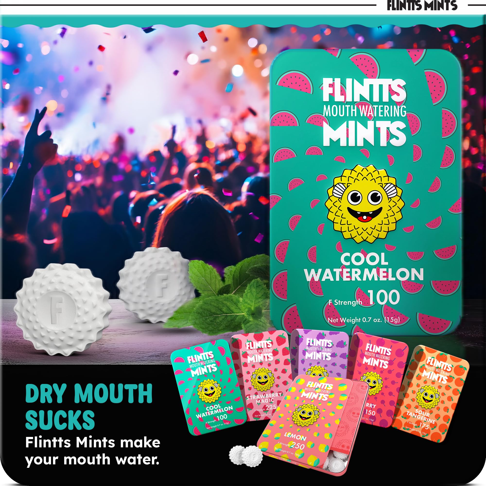 Flintts Mints Fruit Troop con efecto chispa, ideal para boca hidratada.