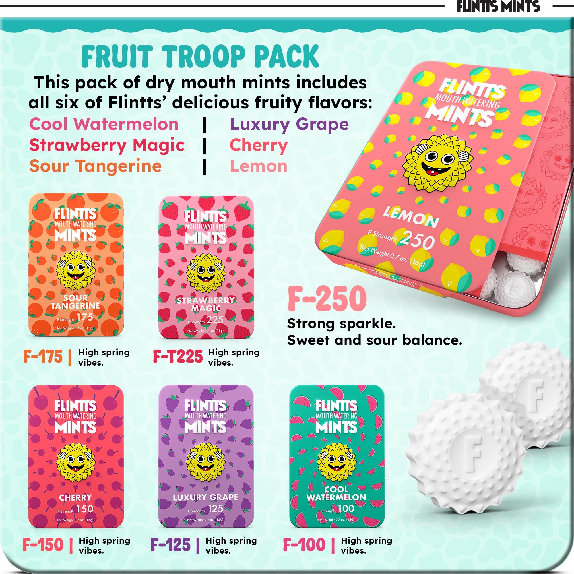 Flintts Mints Fruit Troop sabores cítricos, sensación fresca y duradera.