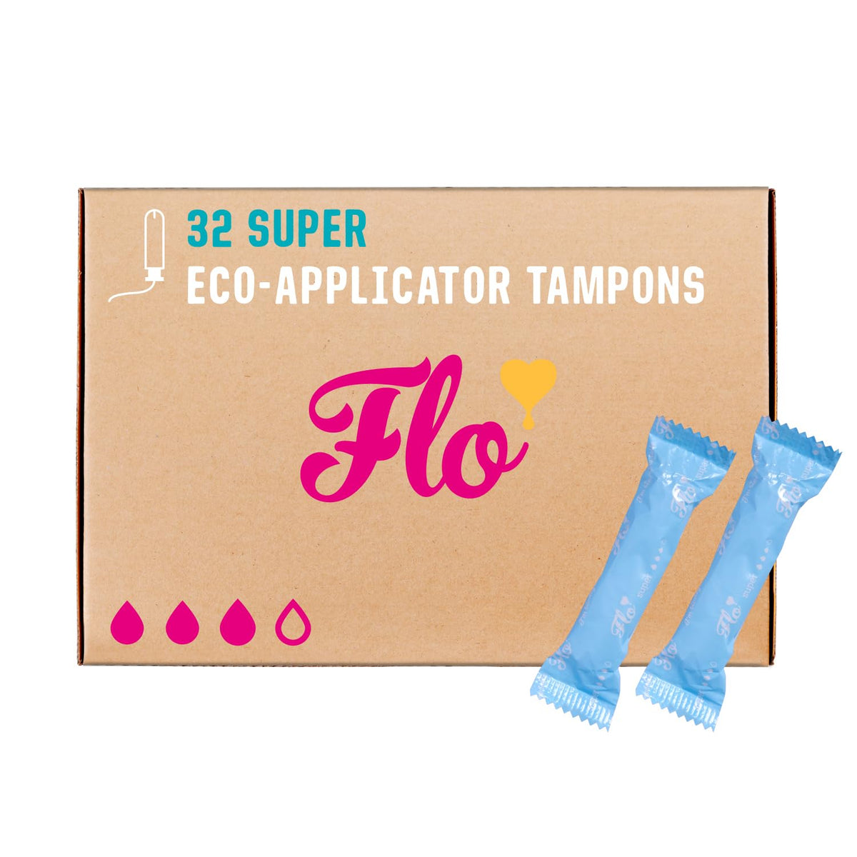 Flo tampones orgánicos de algodón en envase de 32 unidades para protección de flujo pesado.