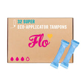 Flo tampones orgánicos de algodón en envase de 32 unidades para protección de flujo pesado.