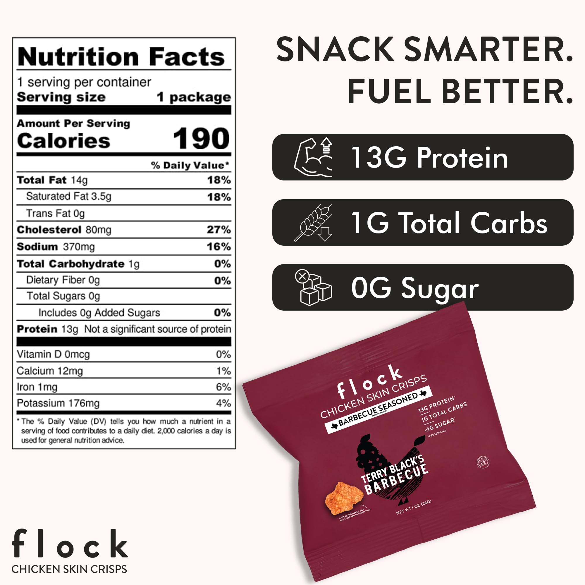 Chips de piel de pollo Flock, alto contenido proteico y sin gluten, ideal para meriendas.