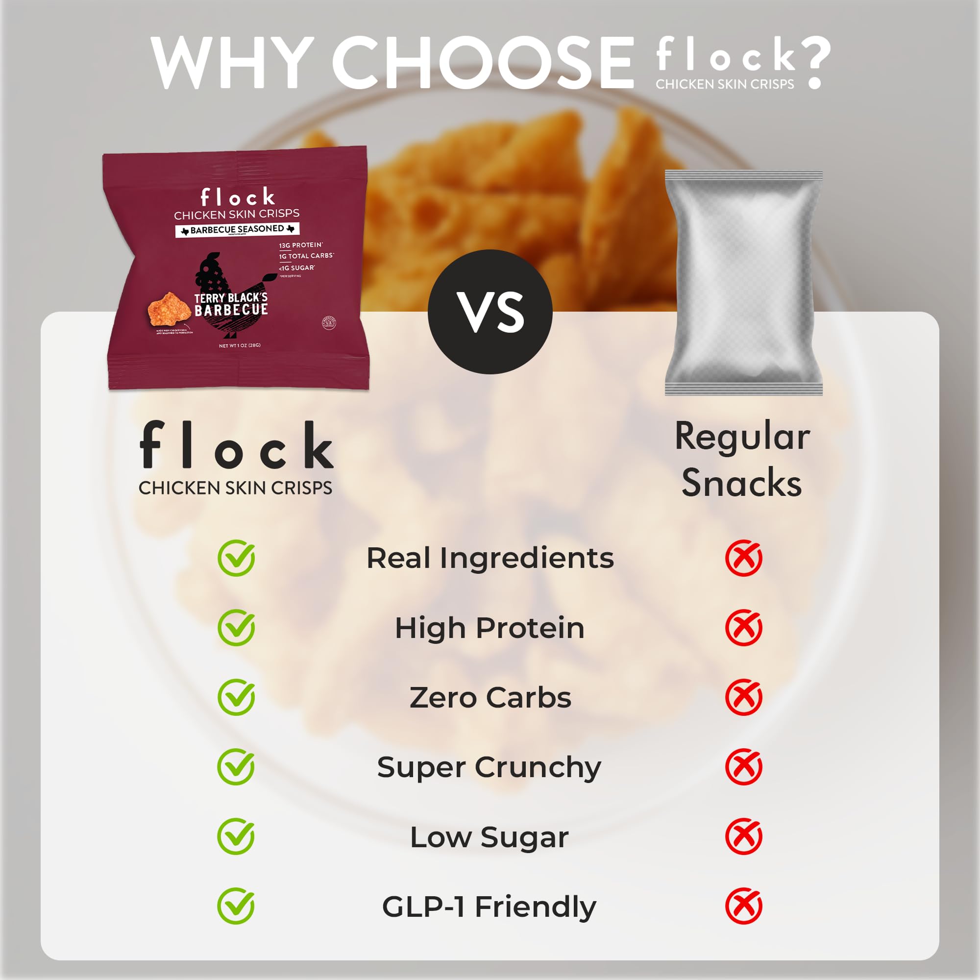 Chips crujientes de piel de pollo Flock, combinación ideal para dips y snacks.