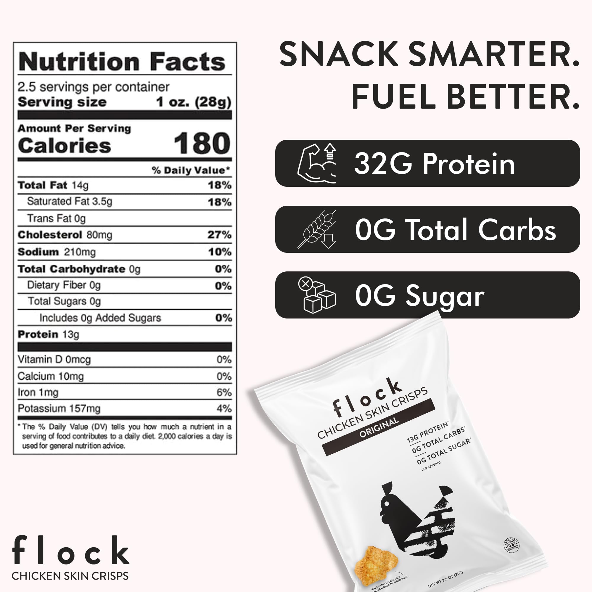 Flock chips de piel de pollo alto en proteína, snack saciante.