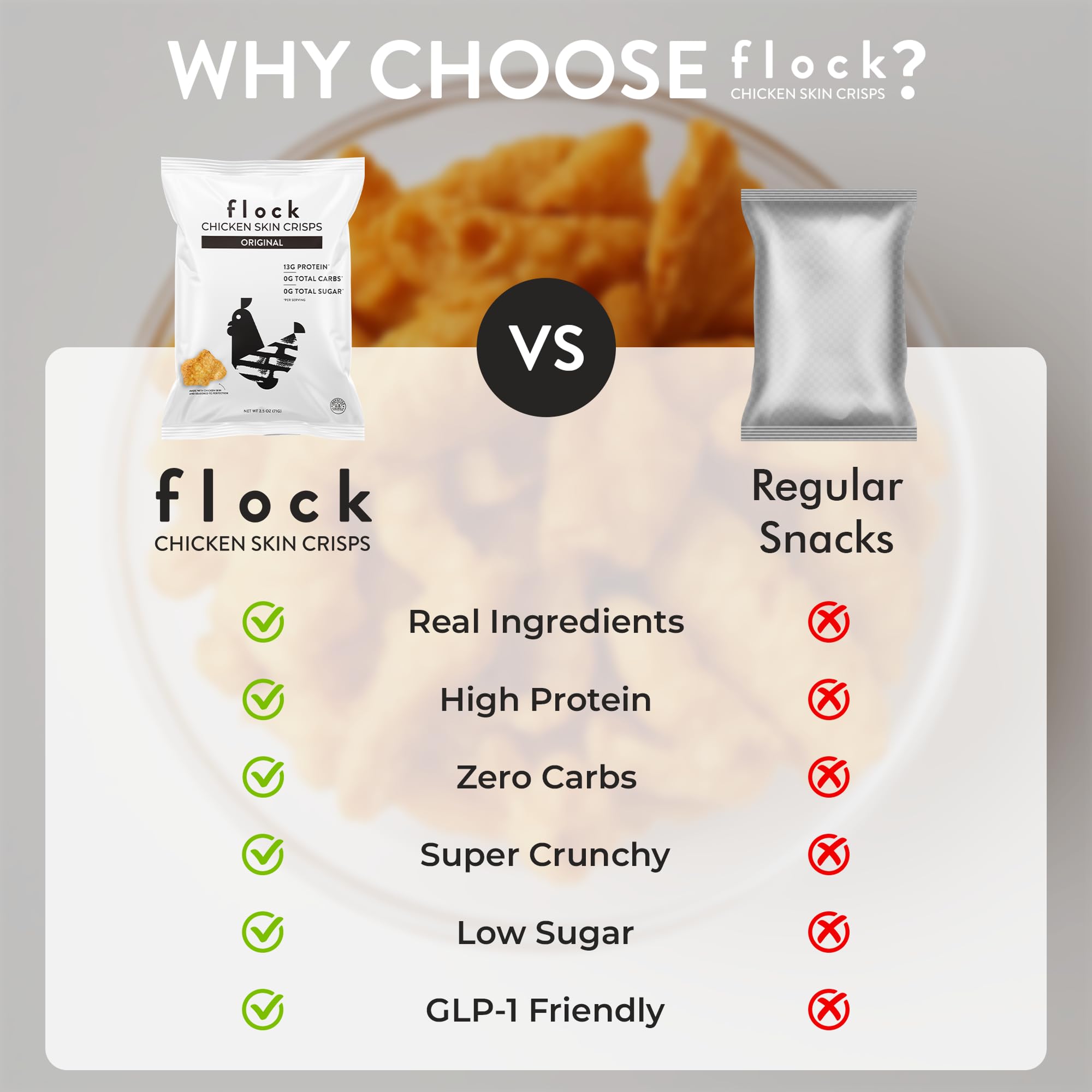 Flock snack keto de piel de pollo, proteína y sabor sin azúcares añadidos.