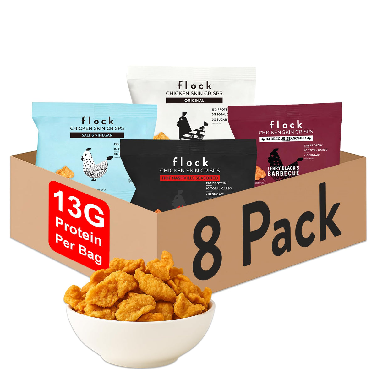 Flock Keto original piel de pollo, crujiente y alto en proteína para snack