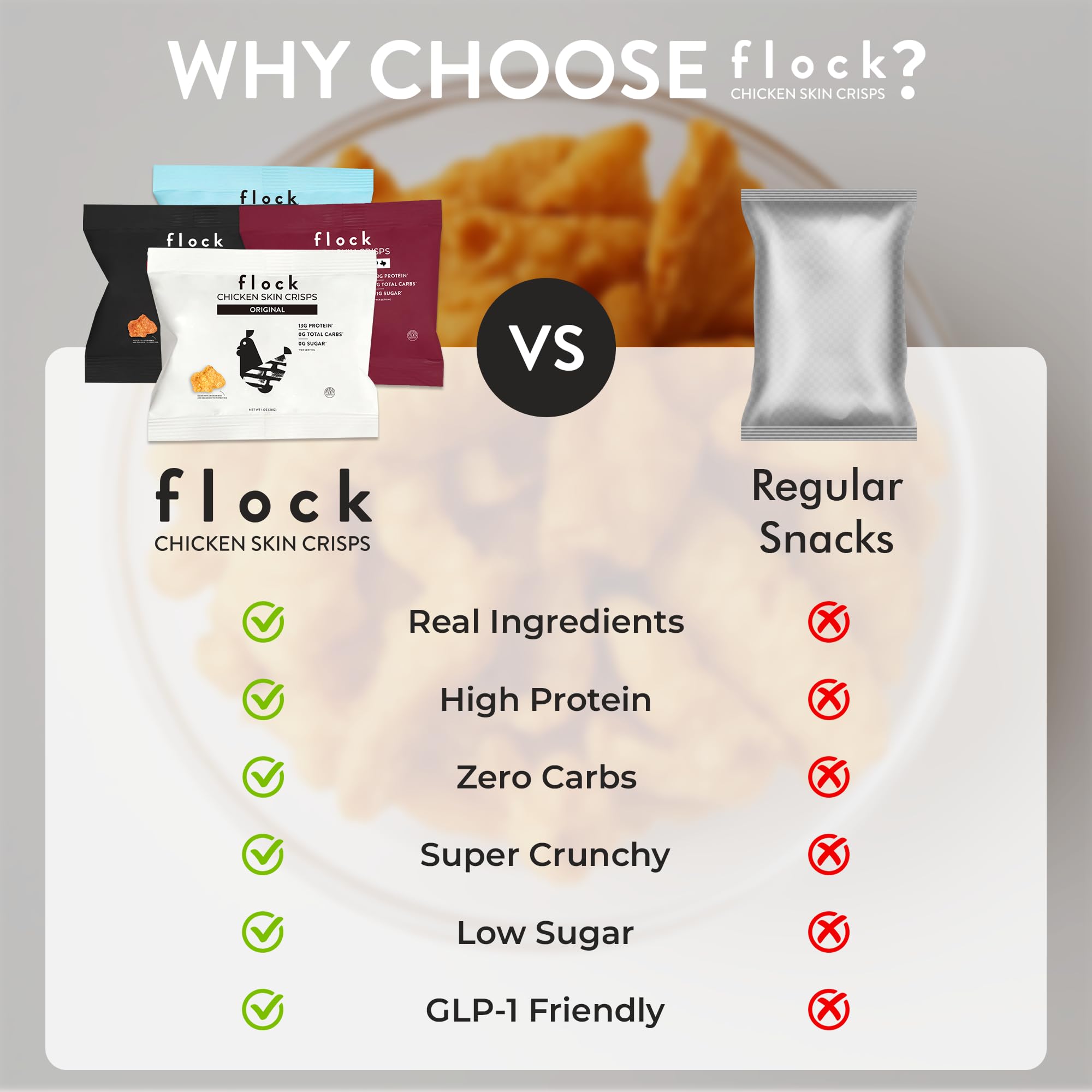 Flock Keto piel de pollo para llevar, snack proteico práctico