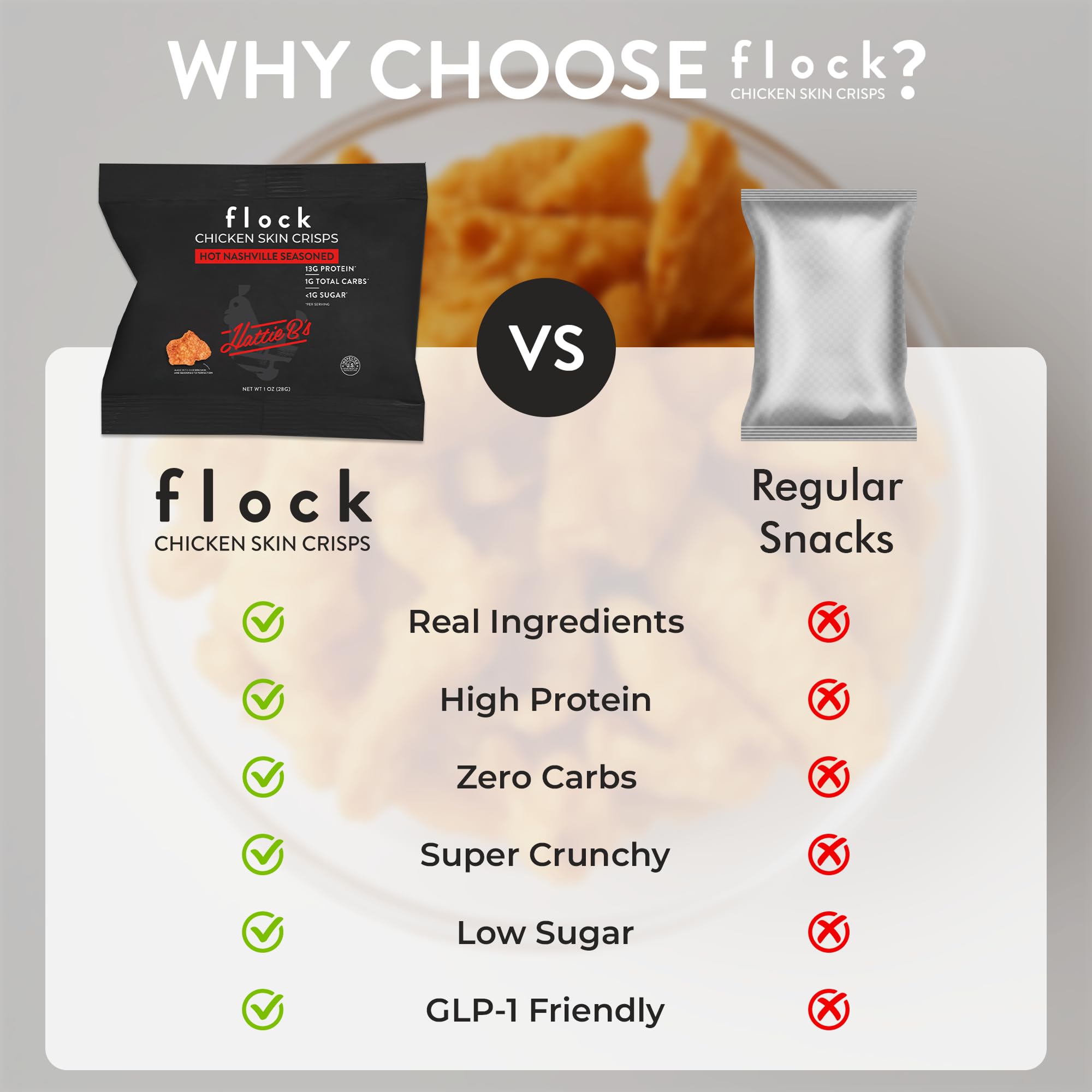 Flock, chips de piel de pollo Nashville Picante, caja: snack práctico para dieta.