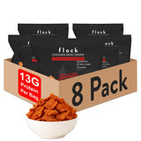 Flock, chips de piel de pollo Nashville Picante, frente: snack proteico crujiente.