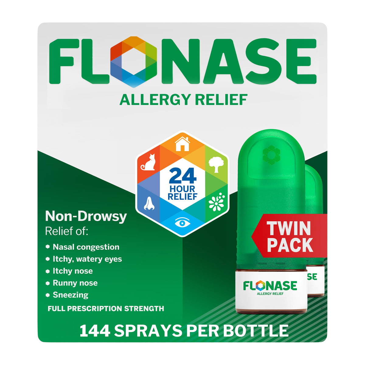 Flonase, botella spray nasal lista para uso diario y alivio.