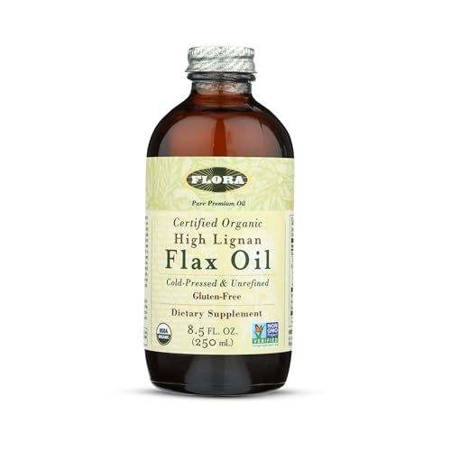 Flora Aceite de linaza en frasco de vidrio, rico en ácidos grasos esenciales para apoyar una dieta saludable.
