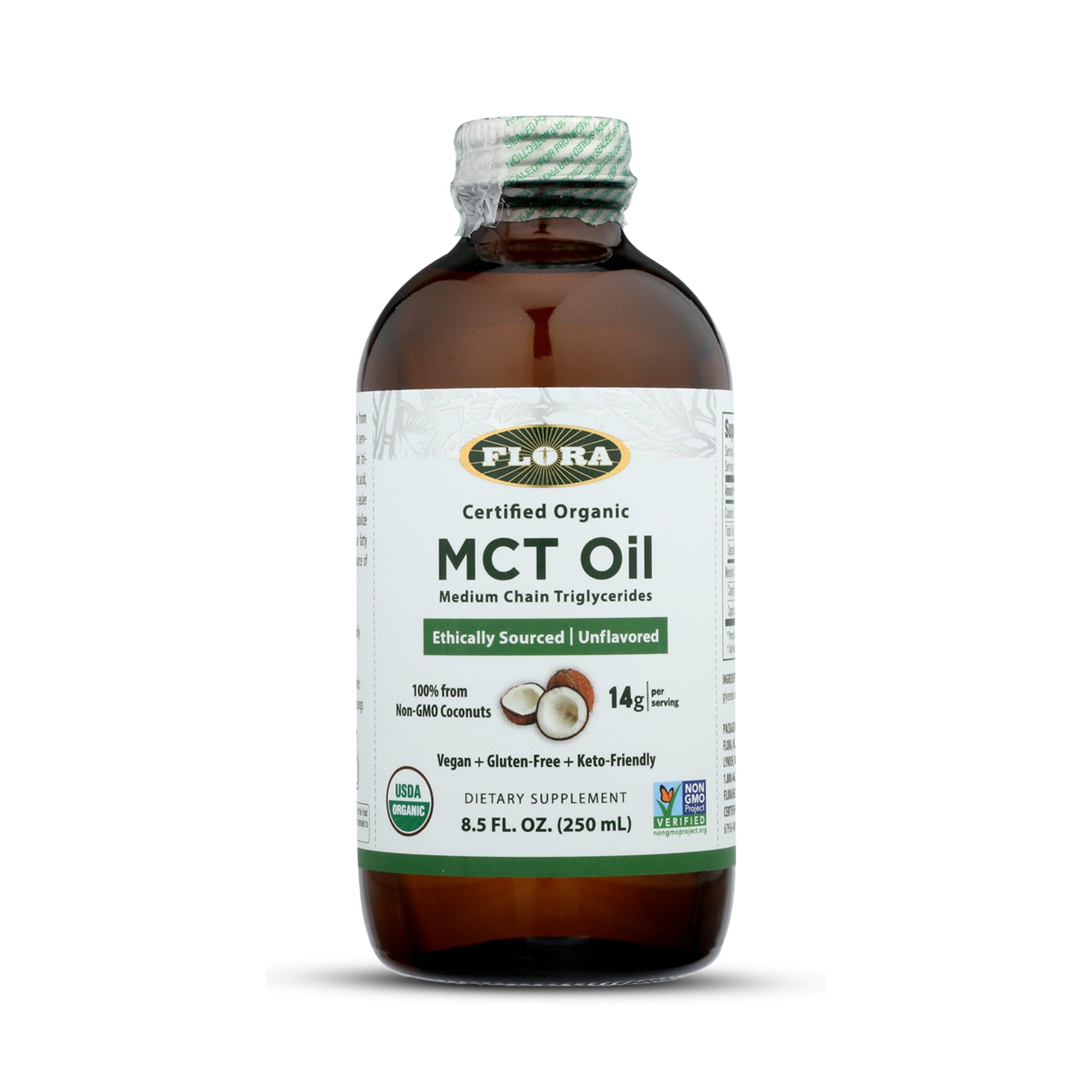 Flora MCT Oil en botella de vidrio, energía muscular para entrenar