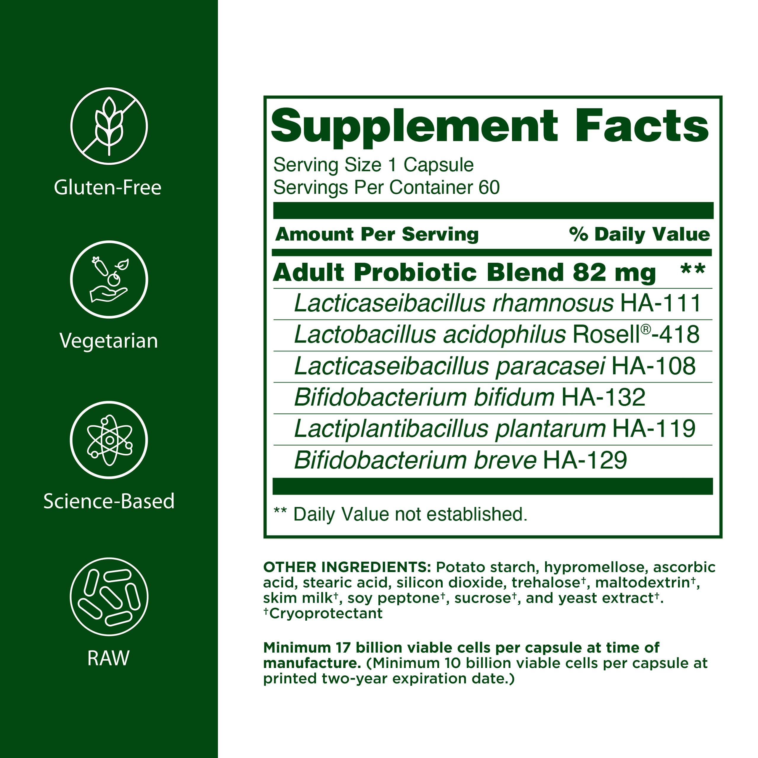 Flora Adultos Probiótico: cápsulas vegetarianas fáciles de tomar para la microflora intestinal.
