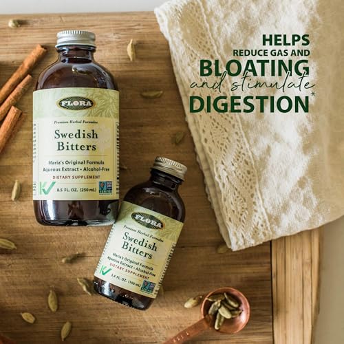 Flora Bitters Suecos botella de vidrio, presentación premium.