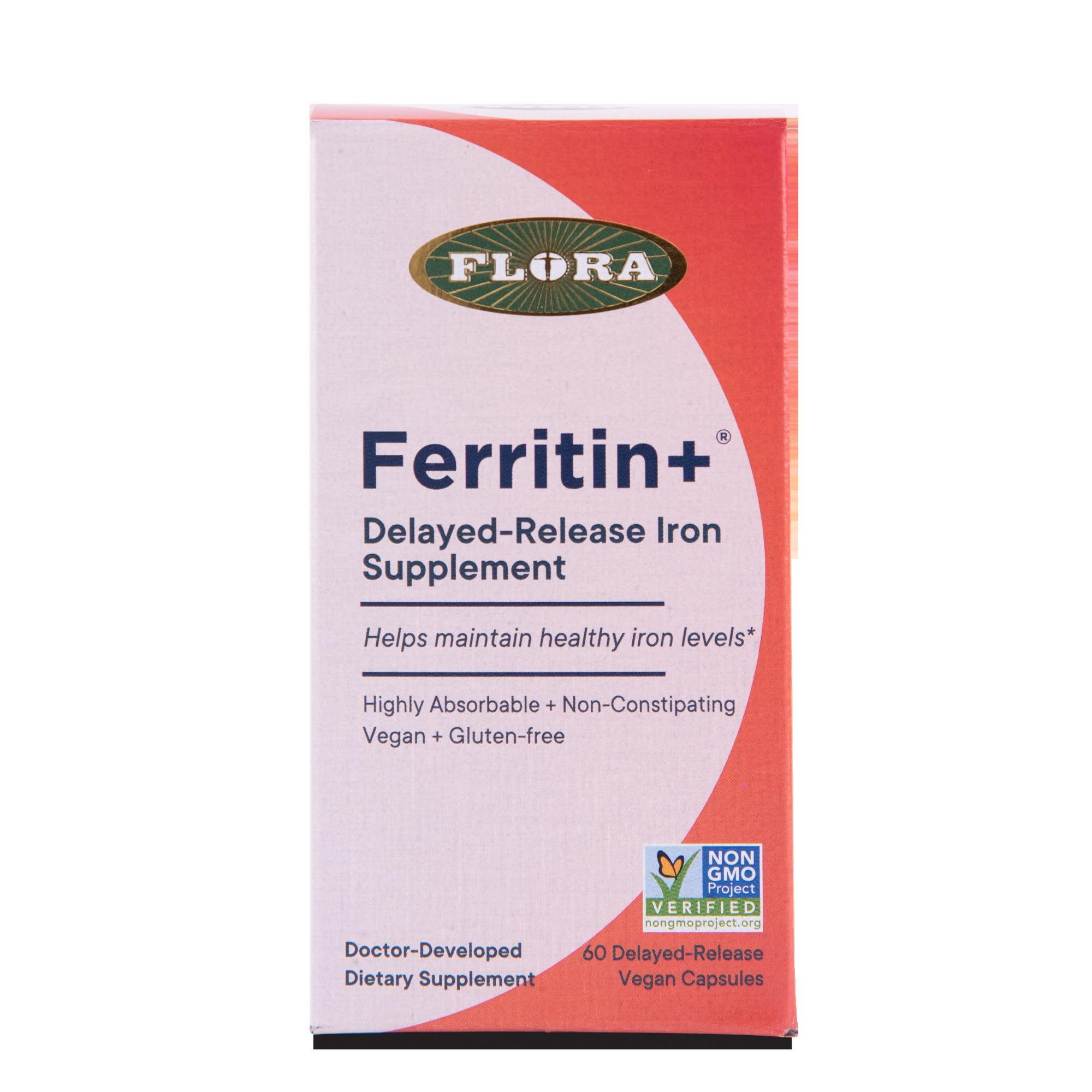 Empaque de vidrio ámbar Flora Ferritin+ para conservar nutrientes