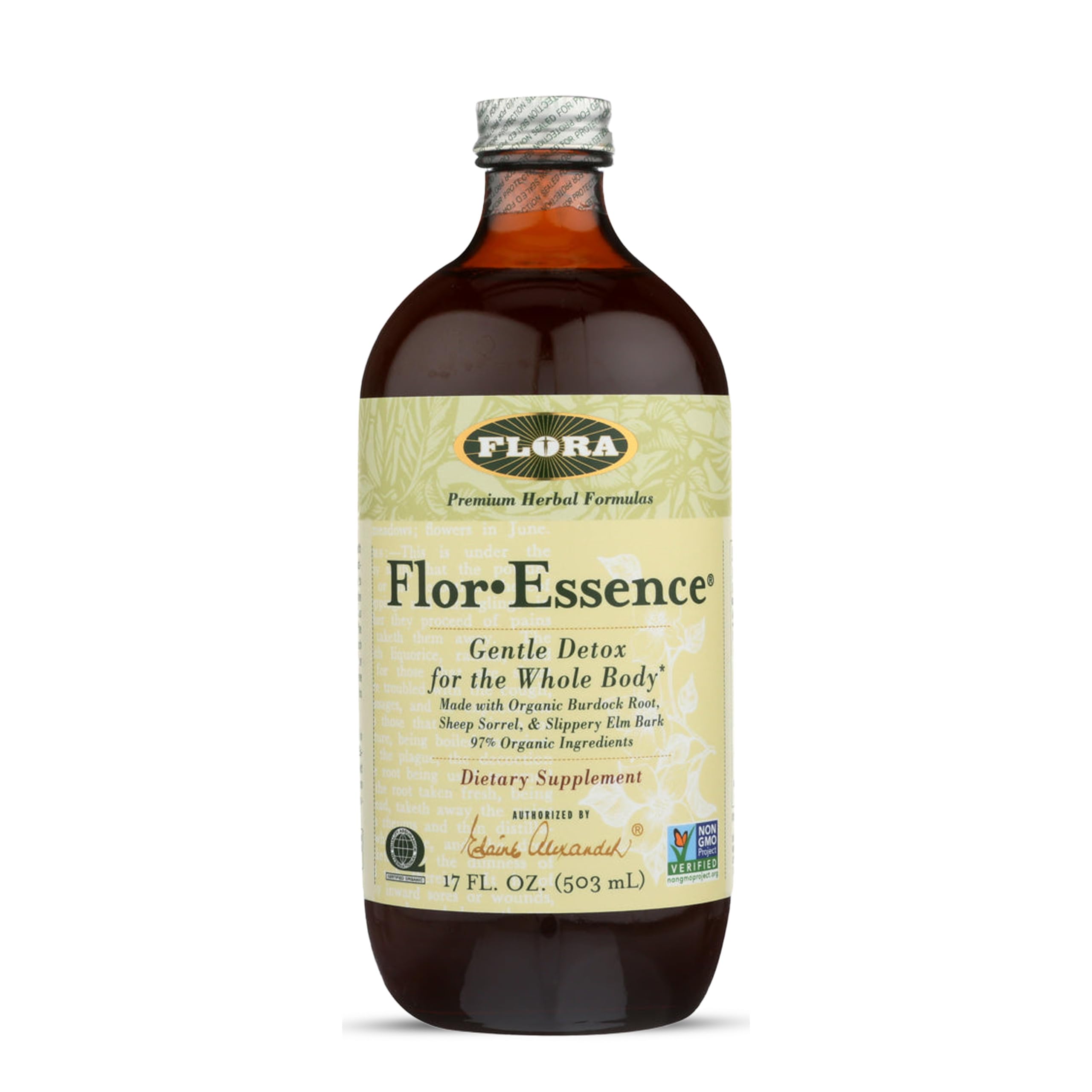 Flora Flor-Essence botella frente: mezcla herbolaria para limpieza natural.