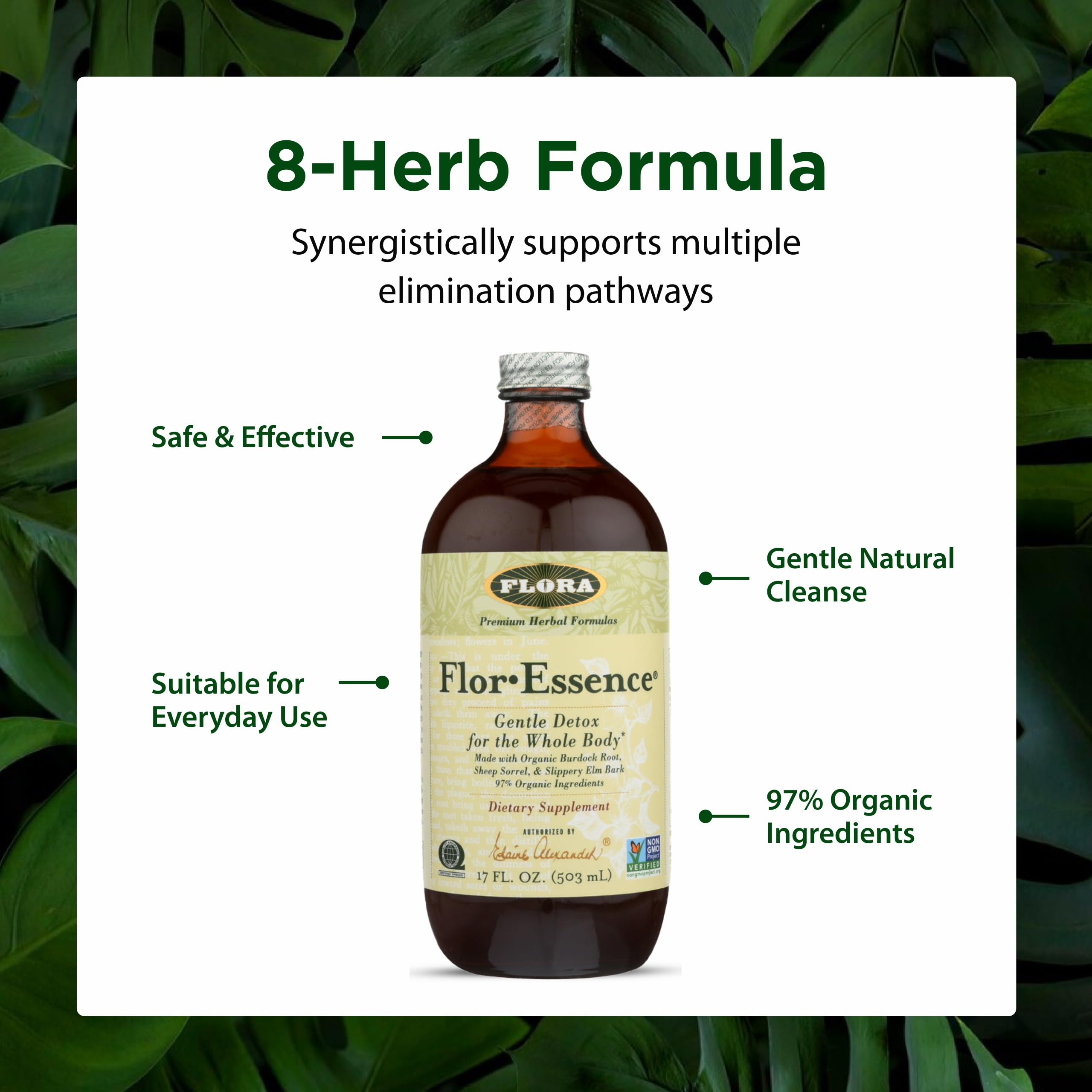 Flora Flor-Essence ingredientes sorrel en etiqueta para equilibrio y vitalidad.