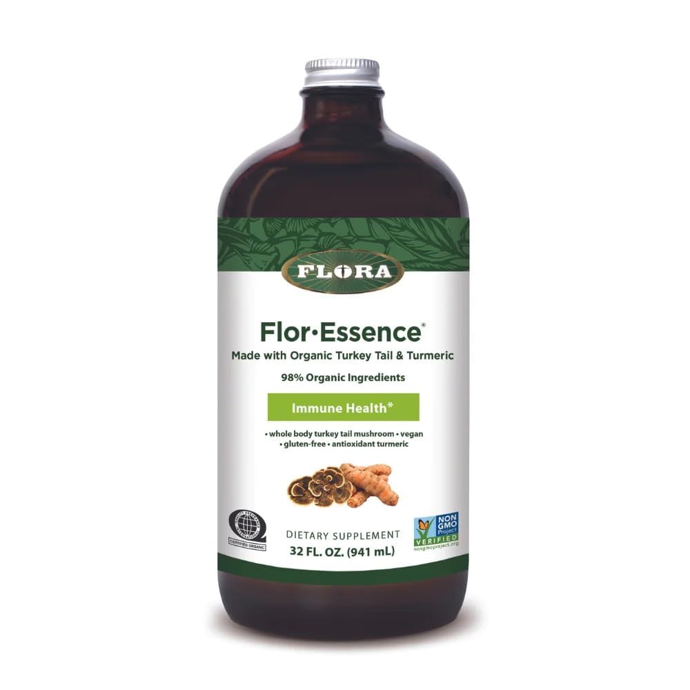 Flora Flor-Essence con cola de pavo y cúrcuma, botella para apoyar la inmunidad potencial.