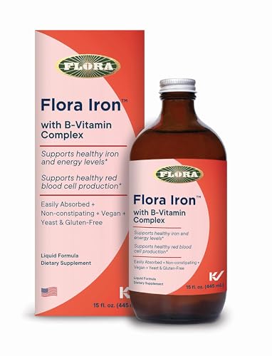Flora Hierro con complejo de vitaminas B en botella de vidrio, fácil de tomar.