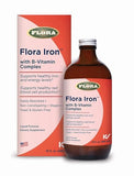 Flora Hierro con complejo de vitaminas B en botella de vidrio, fácil de tomar.
