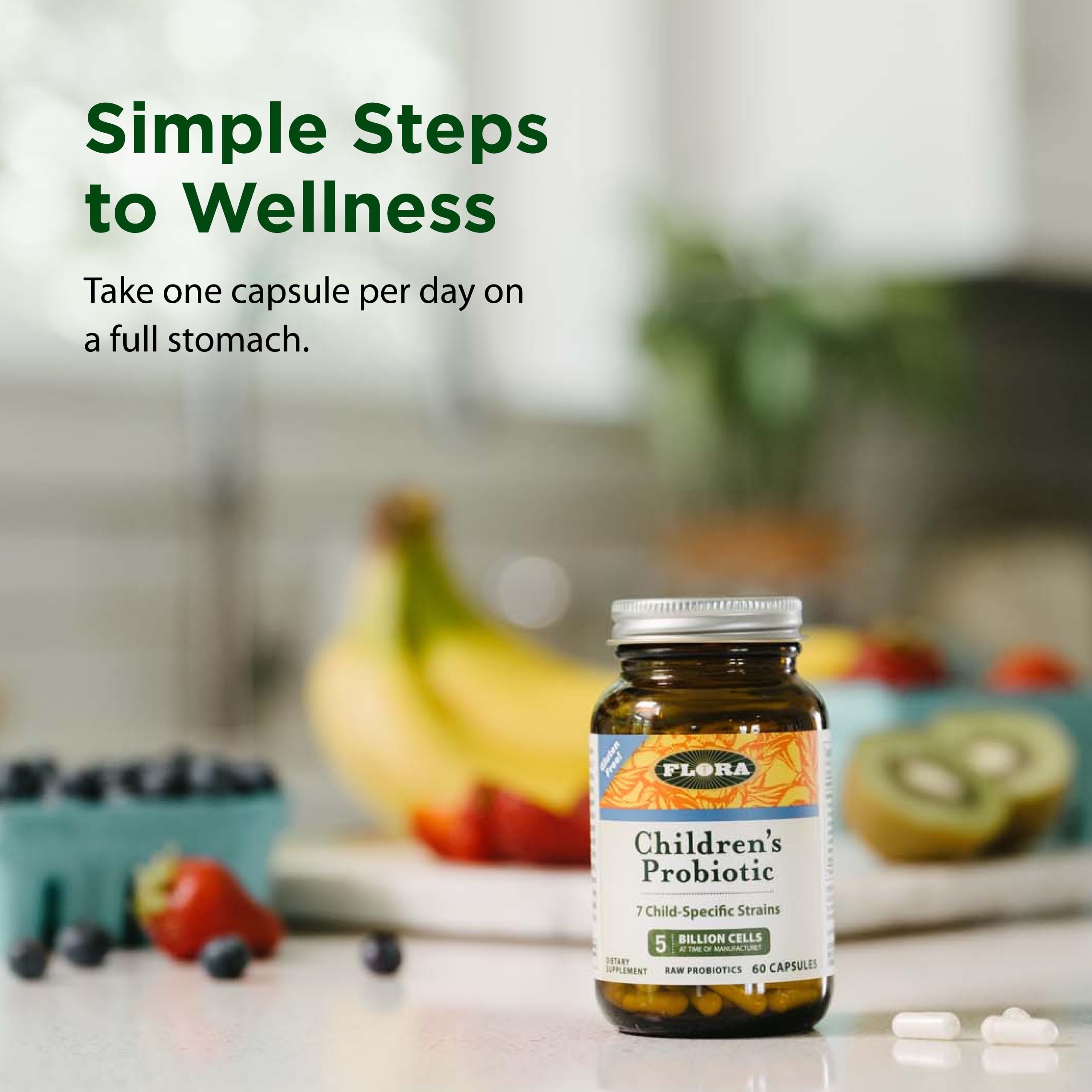 Flora Probiotico Infantil, botella abierta, cápsulas fáciles de tomar