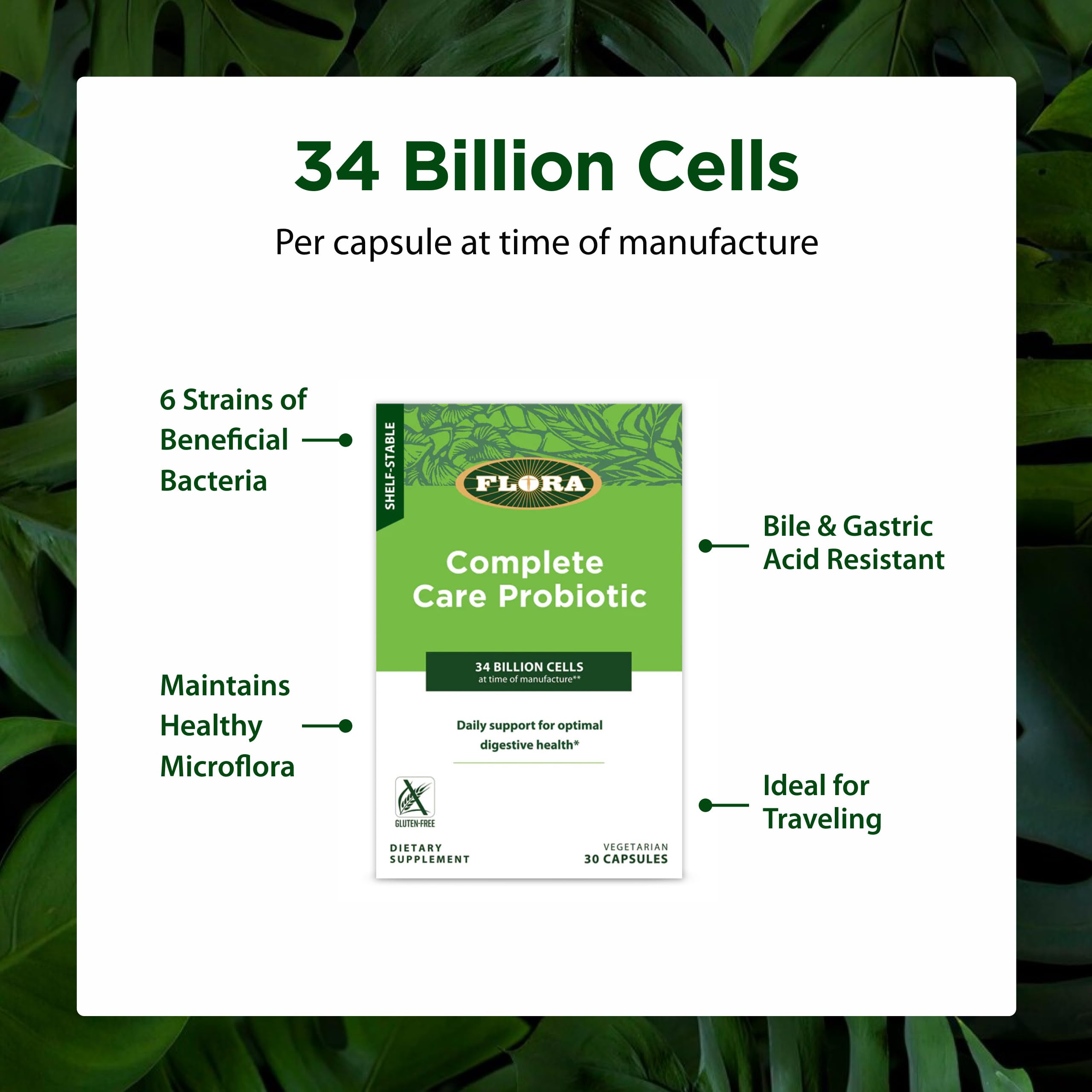Flora Complete Care Probiotic, 34 mil millones CFU, soporte digestivo posible.