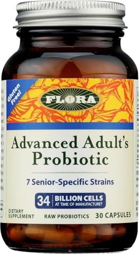 Flora Probiótico Avanzado en botella para mantener un microbioma equilibrado en adultos mayores.