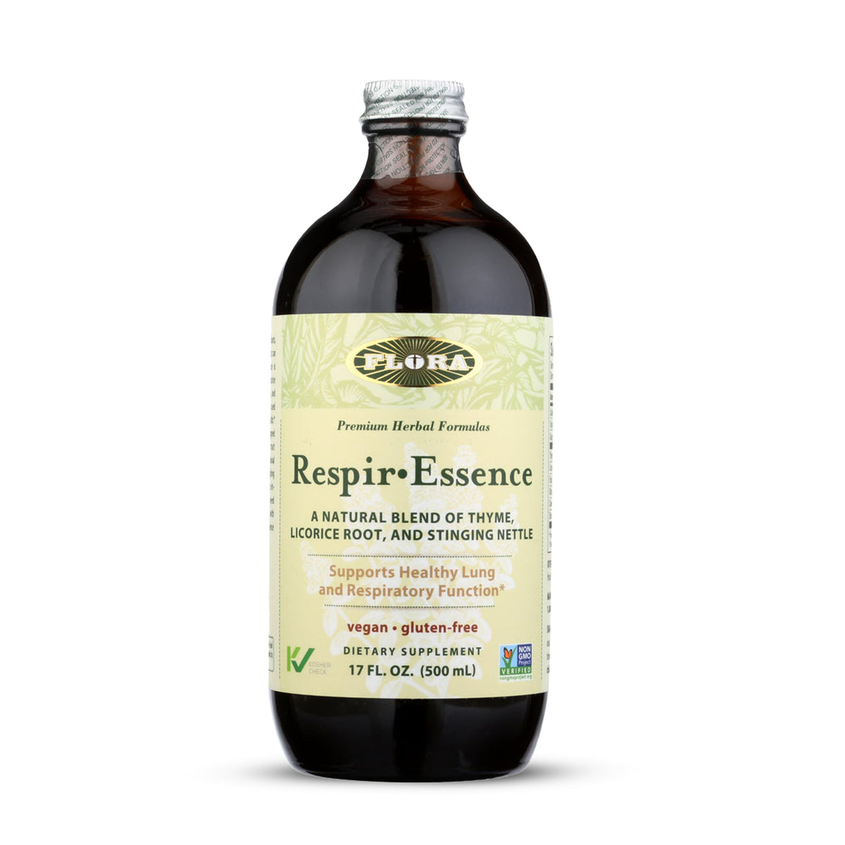 Flora Respir-Essence, botella de vidrio, apoyo suave a la respiración.