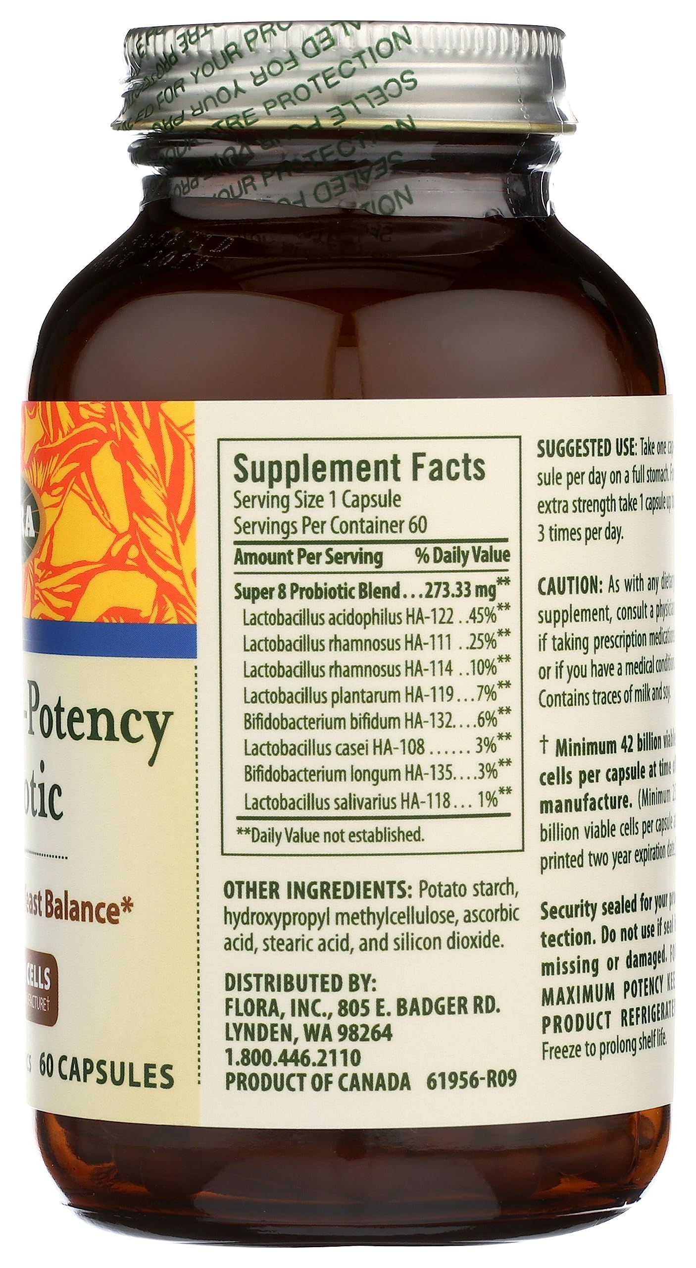 Flora Super 8: etiqueta de la botella muestra cepas y opciones vegetarianas.