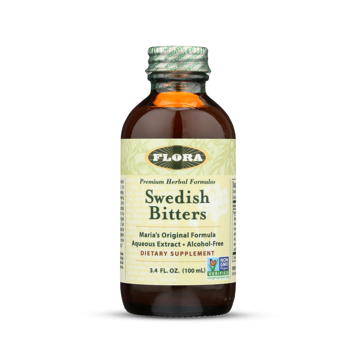 Flora amargos suecos en frasco ámbar, ideal para estimular la digestión.
