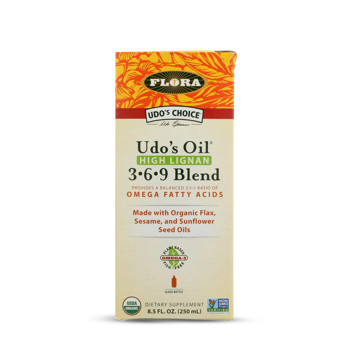 Flora Udo’s Omega 3-6-9 en envase cristal, ideal para añadir a comidas diarias.