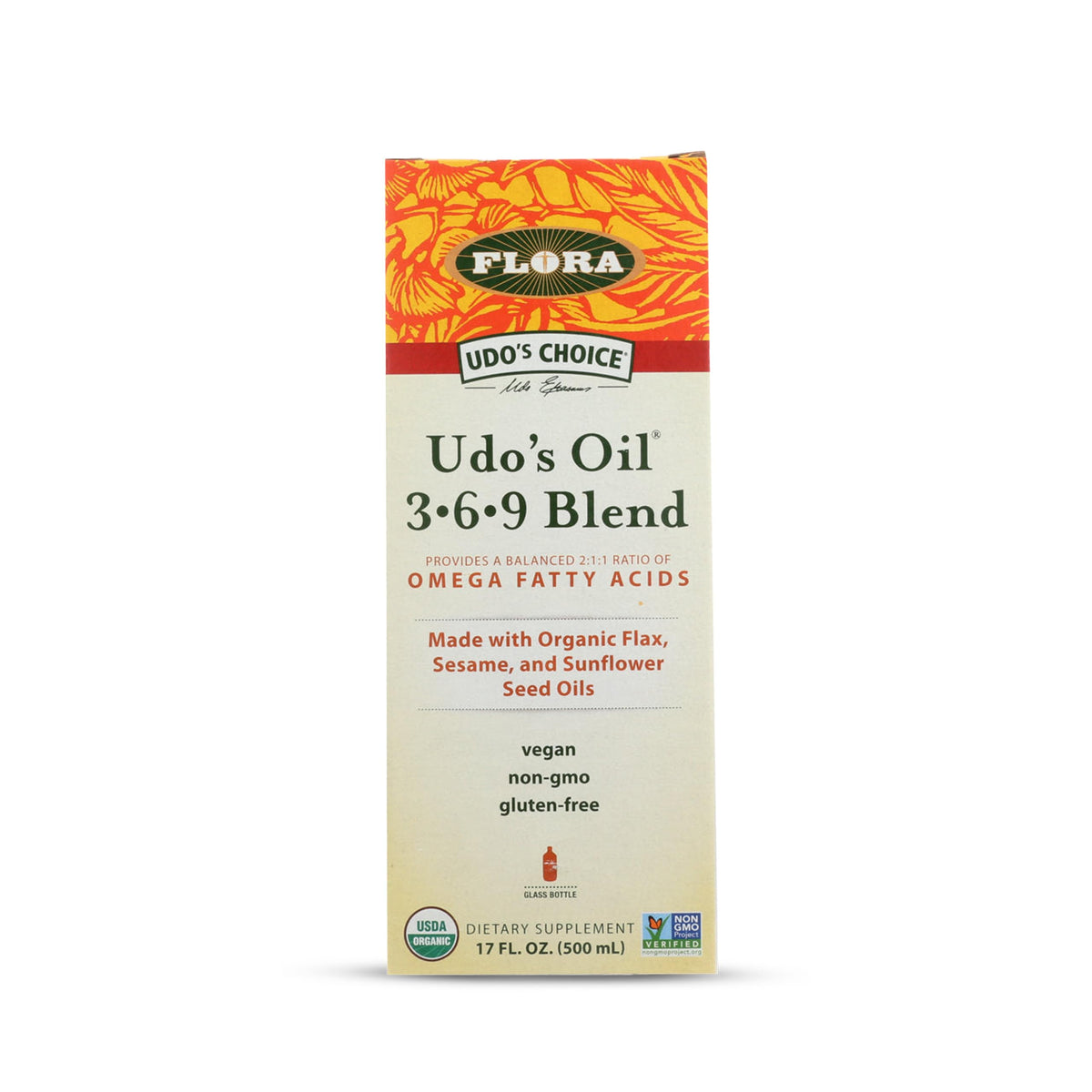 Flora Udo’s Choice Omega 369: botella de vidrio oscuro para conservar nutrientes