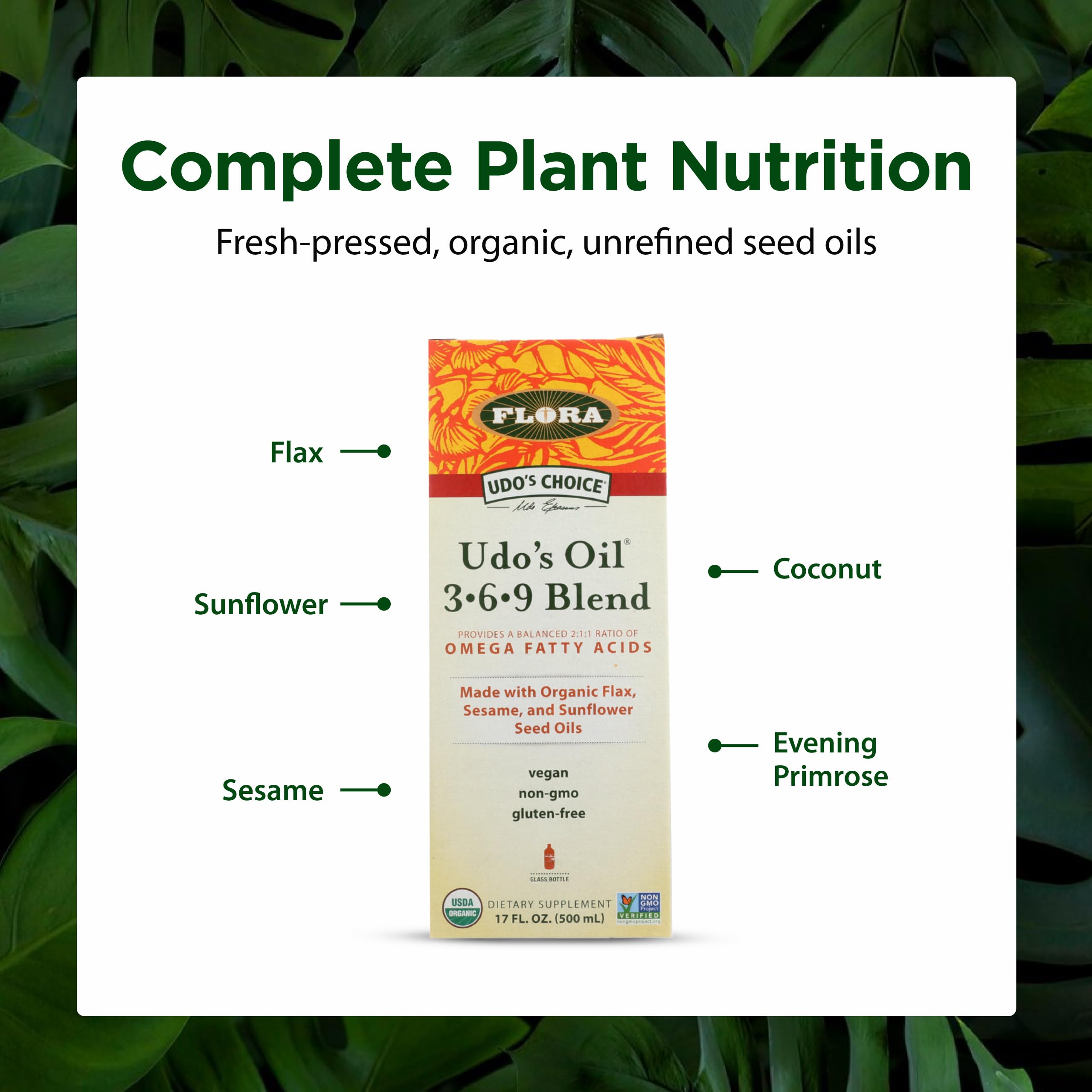 Flora Udo’s Choice Omega 369 en envase de vidrio oscuro