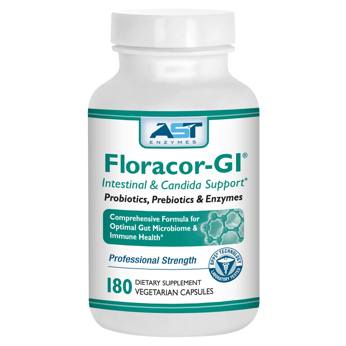 Floracor-GI de AST Enzymes, botella, favorece digestión equilibrada.