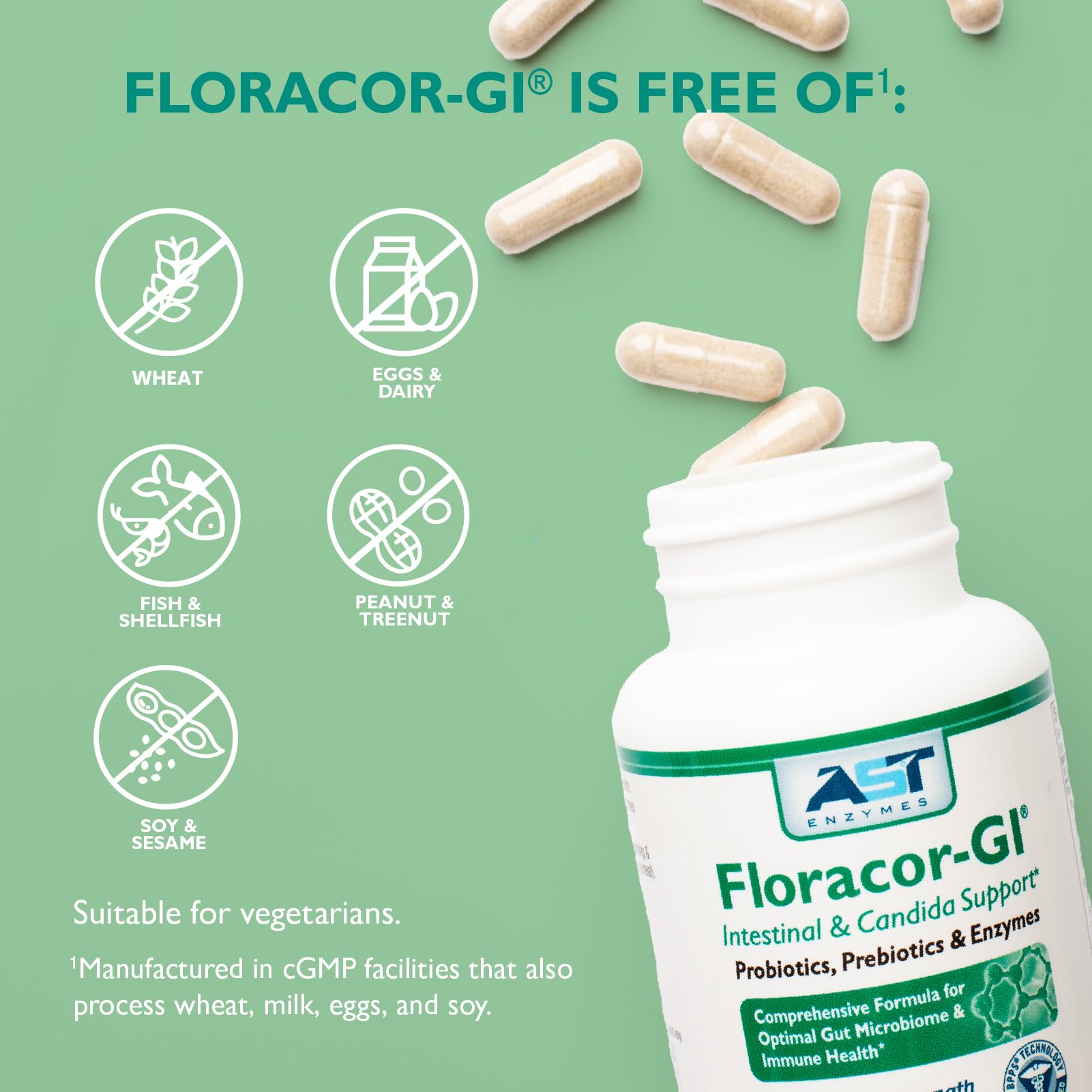 Detalle de la etiqueta de Floracor-GI, información de ingredientes probióticos.