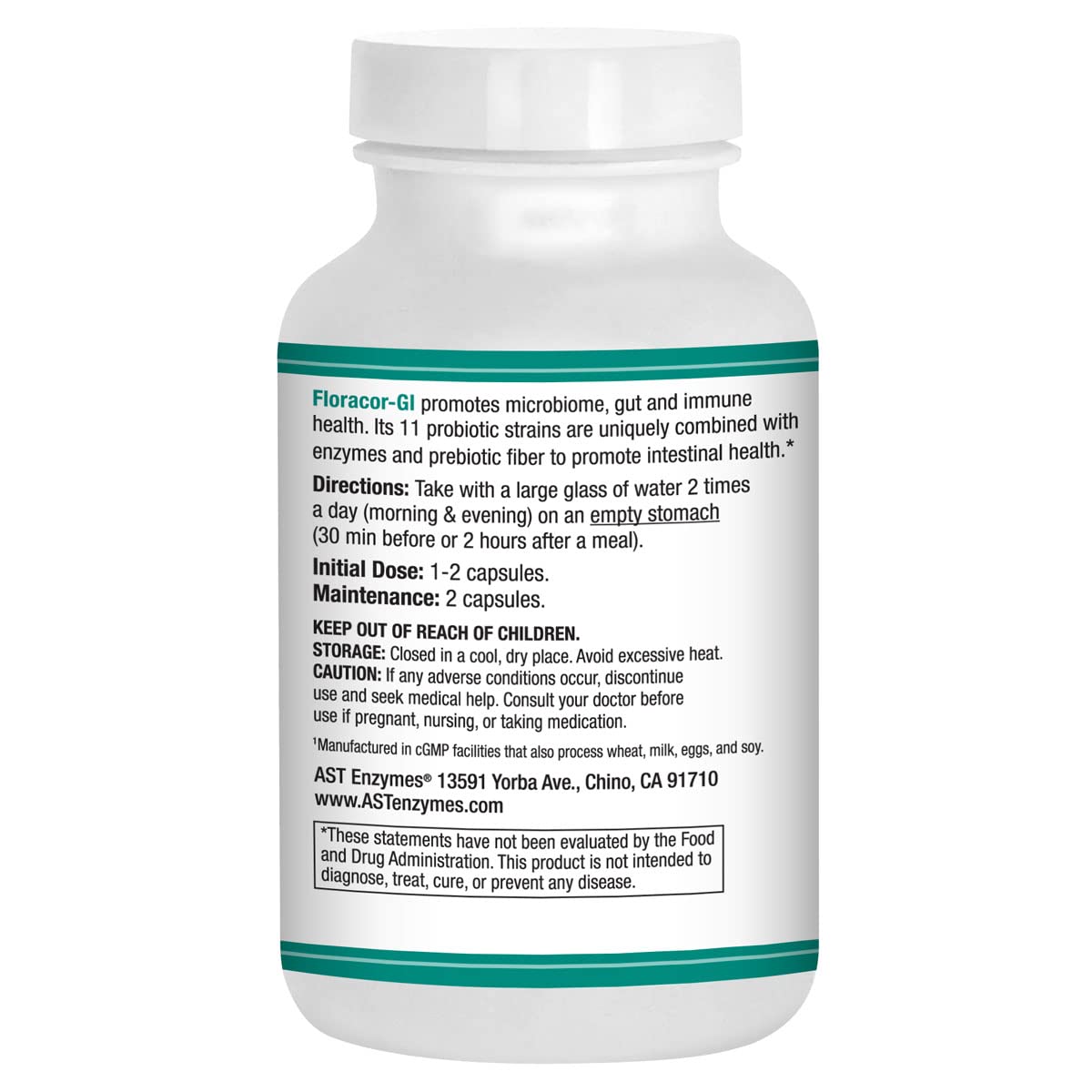 Floracor-GI, etiqueta delantera, destaca probióticos y enzimas para una digestión suave.