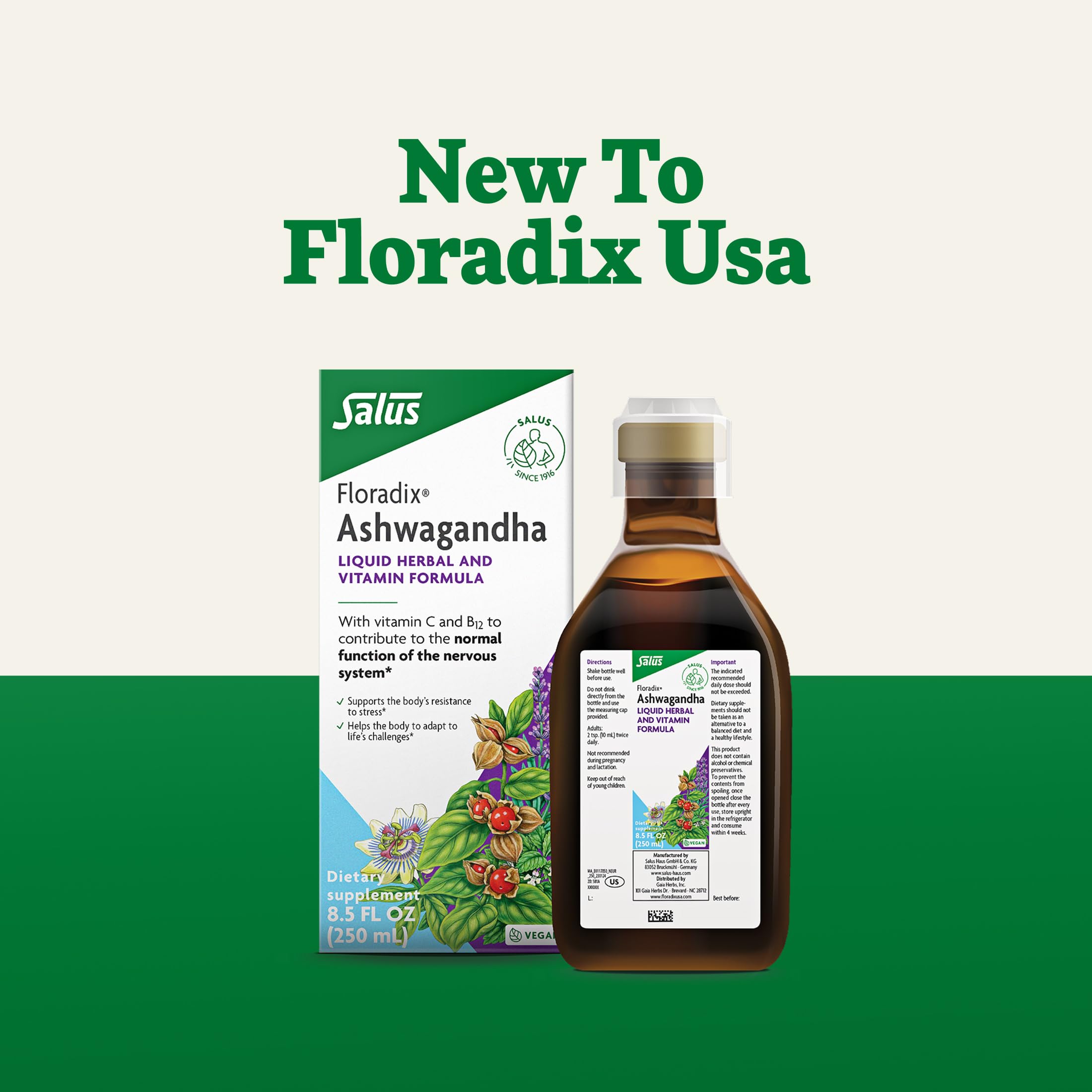 Fórmula de Floradix Ashwaganda sin alcohol, sabor suave.
