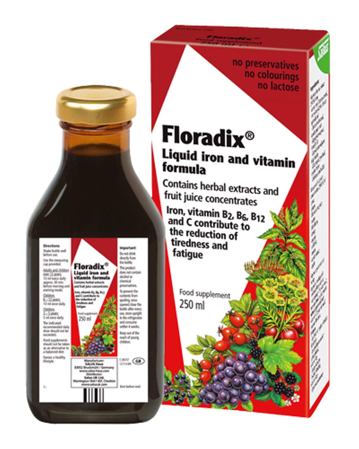 Floradix Floravital, botella de hierro y vitaminas para energía diaria.