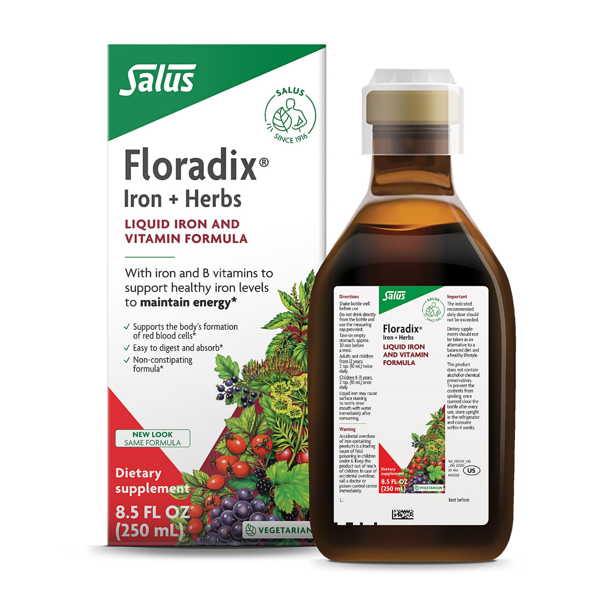 Floradix, botella vertiendo, apoyo de energía diaria para hombres y mujeres.