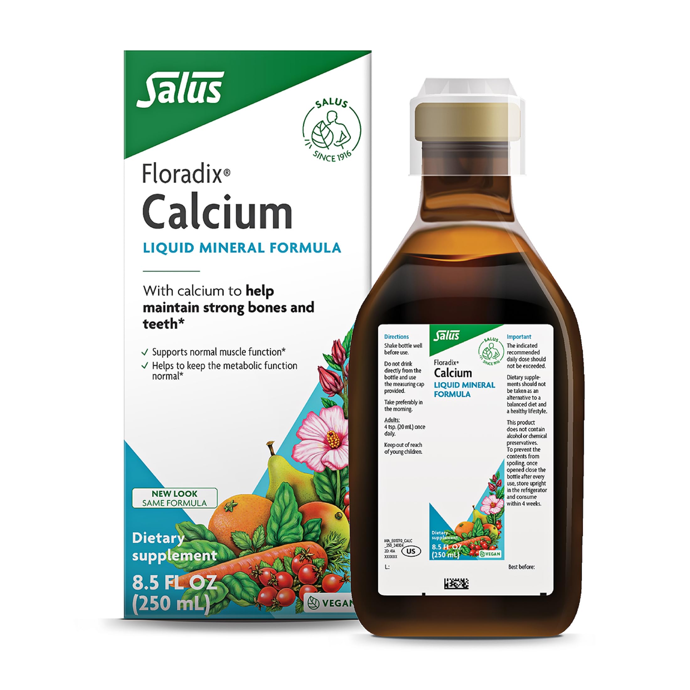 Floradix Calcio líquido, bote, muestra la dosis diaria para huesos fuertes.